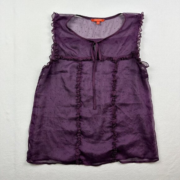 ModCloth Sheer Ruffle Blouse Swiss Dot Sleeveless Top Purple Tie Neck‎ Small - Picture 3 of 9